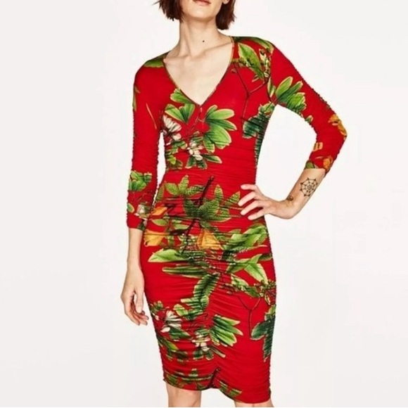 Zara Wiman red and green tropical print ruched dress size XS good condition - Picture 1 of 6